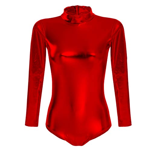 Odizli Damen Langarm Leder Lack Body Catsuit Wetlook Gymnastikanzug Top Ballett Trikot Turnanzug Ballettanzug Ballettkleidung Glänzende Metallic Einteiler Sport Ballettbody Oberteile Kostüm Rot 2XL von Odizli