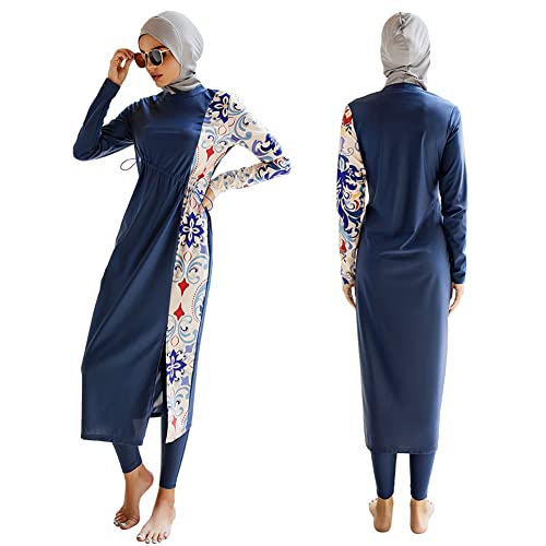 Odizli Damen Langarm UV-Schutz Floral Badeoberteil + Badehose + Hijab Burkini muslimischer islamischer Badeanzug, Marineblau., XL von Odizli