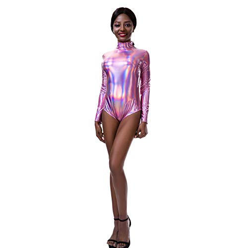 Odizli Damen Leder Lack Langarm Body Catsuit Wetlook Gymnastikanzug Top Ballett Trikot Turnanzug Ballettanzug Ballettkleidung Glänzende Metallic Oberteile Kostüm Einteiler Sport Ballettbody B#Rosa M von Odizli