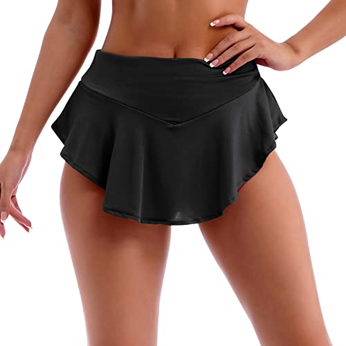 Odizli Damen Shorts Pole Dance Outfit Sexy Rüschen Hot Pants High Waist Mini Tight Bikini Shorts Sommer Kurz Hosenrock Hose Sweatpants Laufshorts Gothic Festival Rave Booty Sporthose Schwarz-B S von Odizli