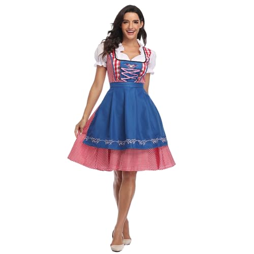 Odizli Dirndl Damen Midi Kurzarm Weiß Blusen Dirndlbluse Trachtenbluse + Schürze Dirndlschürze + Knielang Trachtenrock Maid Outfit Kurz Trachtenkleid Oktoberfest Kleidung Grosse Grössen Blau M von Odizli