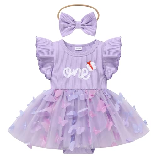 Odizli Erster 1. Geburtstag Mädchen Outfit Sommer Flügelärmel Geripptes One 1 Jahr Strampler Kleid Tüllkleid + Stirnband Bekleidungssets Babykleidung Baby Fotoshooting Lila Schmetterling 9-12 Monate von Odizli