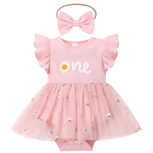 Odizli Erster 1. Geburtstag Mädchen Outfit Sommer Flügelärmel Geripptes One 1 Jahr Strampler Kleid Tüllkleid + Stirnband Bekleidungssets Babykleidung Baby Fotoshooting Rosa Blume 9-12 Monate von Odizli