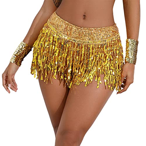 Odizli Festival Outfit Damen Rave Karneval Winx Club Kostüm Belly Dancer Bauchtanz Sexy Glitzer Pailletten Fransen Mini Rock mit Hose Teenager Mädchen Streetwear Clubwear Faschingskostüm Golden M von Odizli