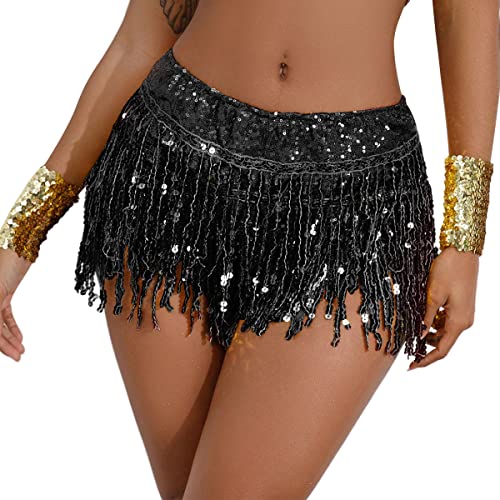 Odizli Festival Outfit Damen Rave Karneval Winx Club Kostüm Belly Dancer Bauchtanz Sexy Glitzer Pailletten Fransen Mini Rock mit Hose Teenager Mädchen Streetwear Clubwear Faschingskostüm Schwarz XL von Odizli