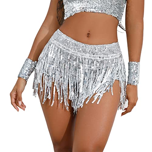 Odizli Festival Outfit Damen Rave Karneval Winx Club Kostüm Belly Dancer Bauchtanz Sexy Glitzer Pailletten Fransen Mini Rock mit Hose Teenager Mädchen Streetwear Clubwear Faschingskostüm Silber L von Odizli