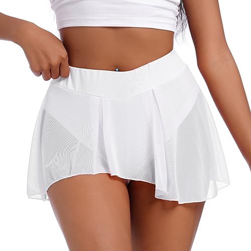 Odizli Festival Outfit Damen Rave Techno Burlesque Pole Dance Hotpants Sexy Booty Shorts Sommer High Waist Hot Pants Kurze Hosenrock Hose Durchsichtiges Transparent Mesh Minirock Weiß-B M von Odizli