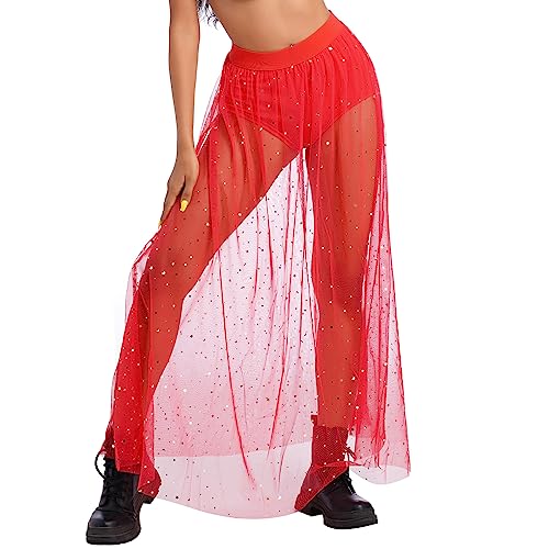 Odizli Festival Outfit Damen Rave Techno Sexy 2 in 1 Transparent Mesh Rock Shorts High Waist Maxirock Y2K Glitzer Dot Pailletten Gothic Tüllrock Teenager Mädchen Party Streetwear Clubwear Rot M von Odizli