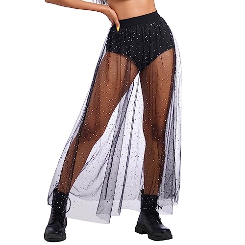 Odizli Festival Outfit Damen Rave Techno Sexy 2 in 1 Transparent Mesh Rock Shorts High Waist Maxirock Y2K Glitzer Dot Pailletten Gothic Tüllrock Teenager Mädchen Party Streetwear Clubwear Schwarz#A S von Odizli