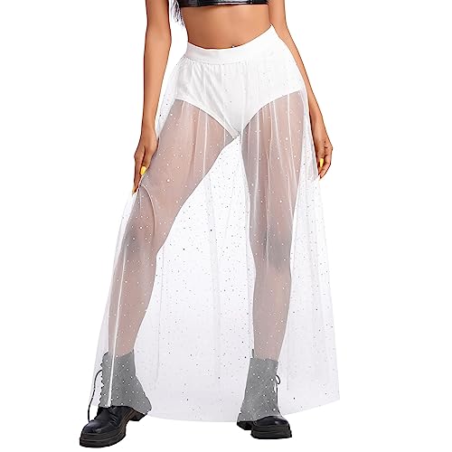 Odizli Festival Outfit Damen Rave Techno Sexy 2 in 1 Transparent Mesh Rock Shorts High Waist Maxirock Y2K Glitzer Dot Pailletten Gothic Tüllrock Teenager Mädchen Party Streetwear Clubwear Weiß#A XL von Odizli