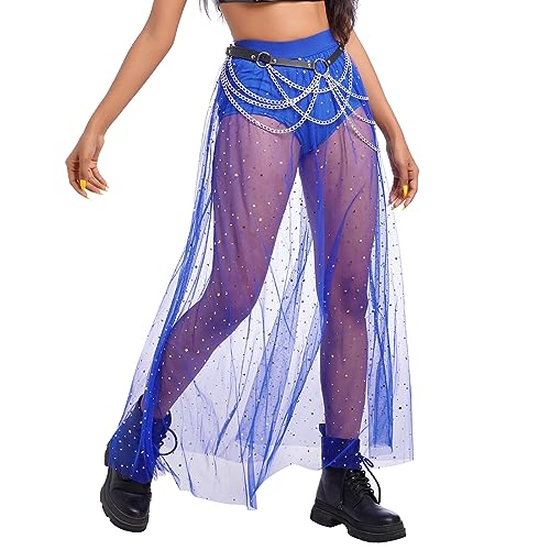 Odizli Festival Outfit Damen Rave Techno Sexy 2 in 1 Transparent Mesh Rock Shorts High Waist Maxirock Y2K Glitzer Sterne Pailletten Gothic Tüllrock Teenager Mädchen Party Streetwear Clubwear Blau XL von Odizli