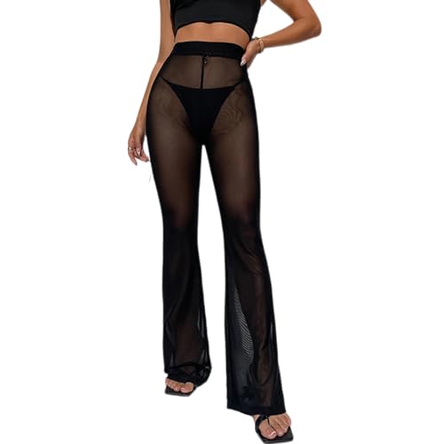 Odizli Festival Outfit Damen Rave Techno Sexy Durchsichtiges Transparent Mesh High Waist Schlaghose Lang Weite Hose Y2K Glitzer Pailletten Gothic Frauen Teenager Mädchen Party Clubwear Schwarz-B L von Odizli