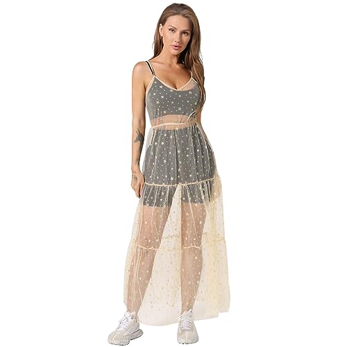 Odizli Festival Outfit Damen Rave Techno Sexy Transparent Mesh Glitzer Sterne Pailletten Gothic Rock Tüllrock Lang Kleid Teenager Mädchen Party Streetwear Clubwear Sommer Bikini Cover Up Golden#B S von Odizli