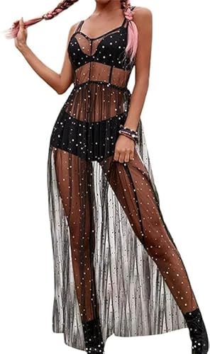 Odizli Festival Outfit Damen Rave Techno Sexy Transparent Mesh Glitzer Sterne Pailletten Gothic Rock Tüllrock Lang Kleid Teenager Mädchen Party Streetwear Clubwear Sommer Bikini Cover Up Schwarz#A S von Odizli