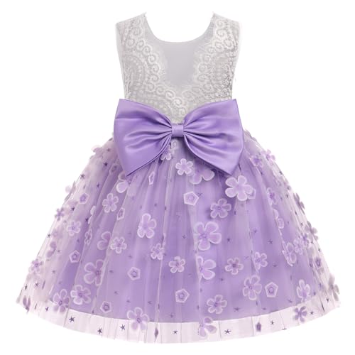 Odizli Festliches Kleid Mädchen Kinder Ärmellos Spitze Rückenfreies 3D Blume Tüllkleid Prinzessin A-Linie Blumenmädchenkleider Hochzeit Geburtstag Knielang Abendkleid Ballkleid Lila 3-4 Jahre von Odizli