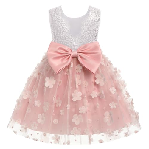 Odizli Festliches Kleid Mädchen Kinder Ärmellos Spitze Rückenfreies 3D Blume Tüllkleid Prinzessin A-Linie Blumenmädchenkleider Hochzeit Geburtstag Knielang Abendkleid Ballkleid Rosa 6-7 Jahre von Odizli