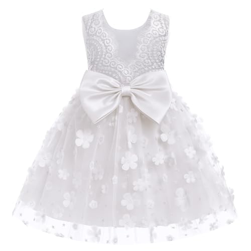 Odizli Festliches Kleid Mädchen Kinder Ärmellos Spitze Rückenfreies 3D Blume Tüllkleid Prinzessin A-Linie Blumenmädchenkleider Hochzeit Geburtstag Knielang Abendkleid Ballkleid Weiß 3-4 Jahre von Odizli