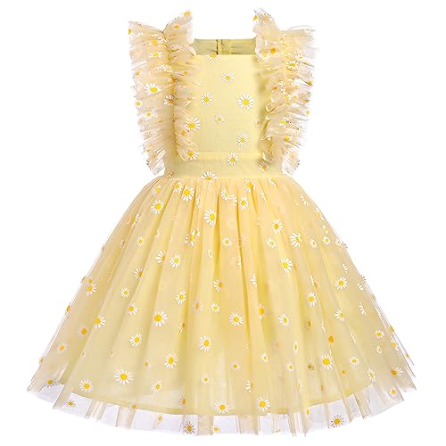 Odizli Festliches Kleid Mädchen Kinder Glitzer Pailletten Prinzessin A-Linie Tüllkleid Blumenmädchenkleider Hochzeit Party Kurz Ballkleid Einschulungs Sommerkleid Gelb Gänseblümchen 4-5 Jahre von Odizli