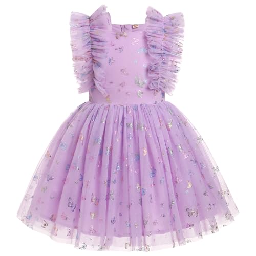 Odizli Festliches Kleid Mädchen Kinder Glitzer Pailletten Prinzessin A-Linie Tüllkleid Blumenmädchenkleider Hochzeit Party Kurz Ballkleid Einschulungs Sommerkleid Lila Schmetterling 3-4 Jahre von Odizli