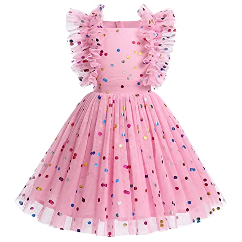Odizli Festliches Kleid Mädchen Kinder Glitzer Pailletten Prinzessin A-Linie Tüllkleid Blumenmädchenkleider Hochzeit Party Kurz Ballkleid Einschulungs Sommerkleid Rosa Polka Dot 7-8 Jahre von Odizli