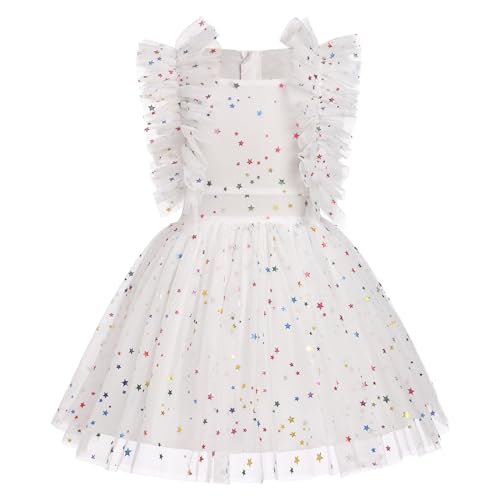 Odizli Festliches Kleid Mädchen Kinder Glitzer Pailletten Prinzessin A-Linie Tüllkleid Blumenmädchenkleider Hochzeit Party Kurz Ballkleid Einschulungs Sommerkleid Weiß Sterne 5-6 Jahre von Odizli