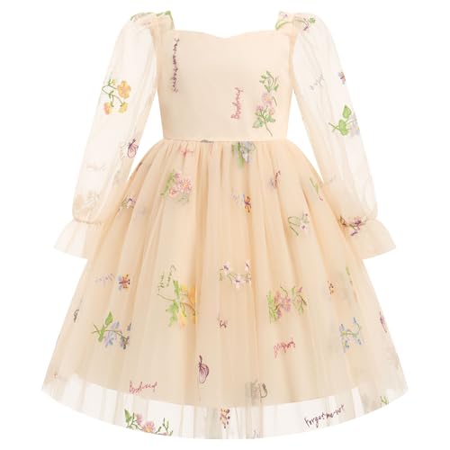 Odizli Festliches Kleid Mädchen Kinder Mesh Langarm Glitzer Schmetterling Prinzessin A-Linie Tüllkleid Blumenmädchenkleider Hochzeit Geburtstag Knielang Abendkleid Ballkleid Aprikose 4-5 Jahre von Odizli