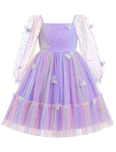 Odizli Festliches Kleid Mädchen Kinder Mesh Langarm Glitzer Schmetterling Prinzessin A-Linie Tüllkleid Blumenmädchenkleider Hochzeit Geburtstag Knielang Abendkleid Ballkleid Lila Stern 5-6 Jahre von Odizli