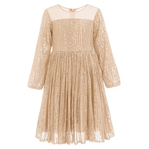 Odizli Festliches Kleid Mädchen Kinder Weihnachtskleid Langarm Glitzer Paillettenkleid Prinzessin Blumenmädchenkleider Weihnachten Hochzeit Geburtstag Einschulungs Ballkleid Champagner Gold 2-3 Jahre von Odizli