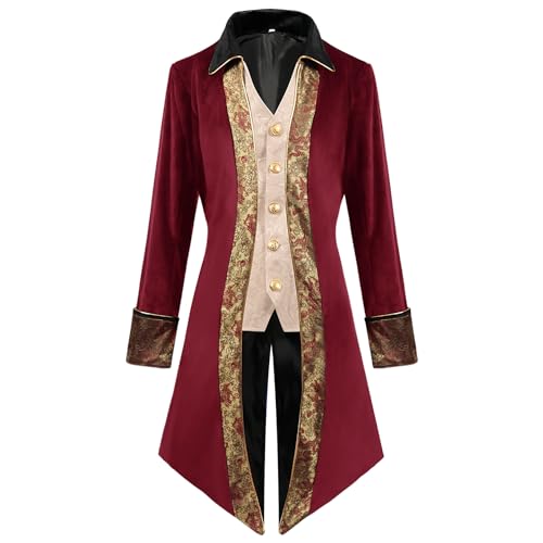 Odizli Frack Herren Steampunk Mittelalter Kleidung Gothic Gehrock Smoking Mantel Jacke Männer Vikings Piraten Vampir Kostüm Viktorianisches Renaissance Halloween Karneval Faschingskostüme Rot-B L von Odizli