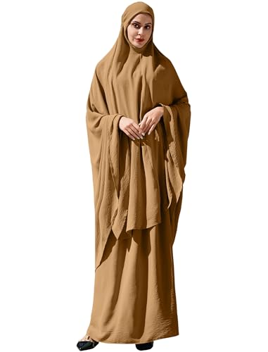 Odizli Gebetskleidung für Frauen Abaya Muslim Damen Langarm Hijab Lang Top + Maxi Rock Ramadan Outfit Islamische Muslimische Robe Kaftan Jilbab Khimar Burka Lang Gebetskleid Khaki Einheitsgröße von Odizli