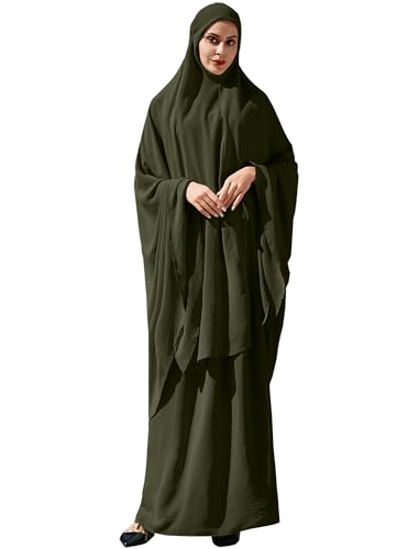 Odizli Gebetskleidung für Frauen Abaya Muslim Damen Langarm Hijab Lang Top + Maxi Rock Ramadan Outfit Islamische Muslimische Robe Kaftan Jilbab Khimar Burka Lang Gebetskleid Olivgrün Einheitsgröße von Odizli