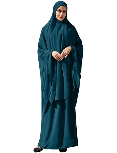 Odizli Gebetskleidung für Frauen Abaya Muslim Damen Langarm Hijab Lang Top + Maxi Rock Ramadan Outfit Islamische Muslimische Robe Kaftan Jilbab Khimar Burka Lang Gebetskleid Pfauenblau Einheitsgröße von Odizli