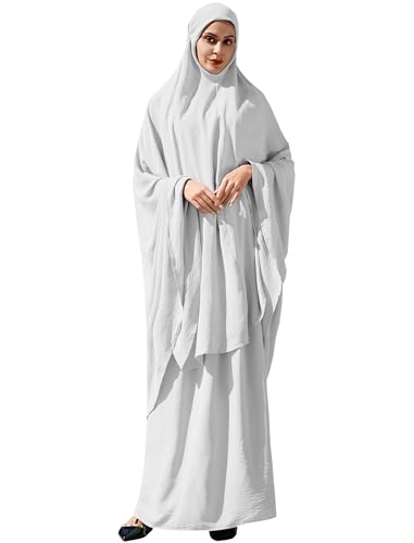 Odizli Gebetskleidung für Frauen Abaya Muslim Damen Langarm Hijab Lang Top + Maxi Rock Ramadan Outfit Islamische Muslimische Robe Kaftan Jilbab Khimar Burka Lang Gebetskleid Weiß Einheitsgröße von Odizli