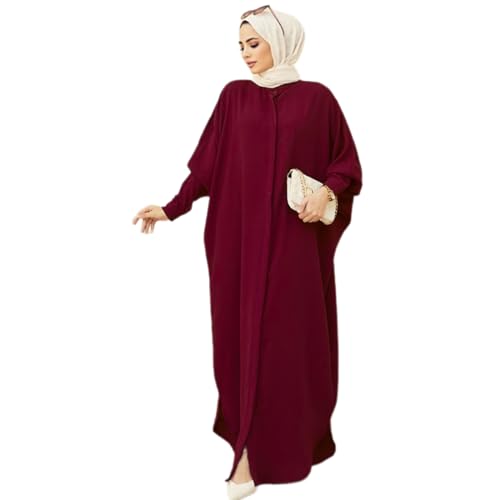 Odizli Gebetskleidung für Frauen Abaya Muslim Damen Muslimische Islamische Kleidung Fledermaus Langarm Lang Hemd Kaftan Khimar Kleid Namaz Elbisesi Ramadan Maxikleid Gebetskleid Weinrot Einheitsgröße von Odizli