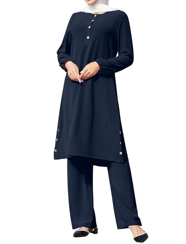 Odizli Gebetskleidung für Frauen Abaya Muslim Damen Muslimische Islamische Langarm Lose Lang Top + Hose Zweiteiler 2 Teiler Loungewear Set Gebetskleid Namaz Elbisesi Ramadan Outfit Dunkelblau M von Odizli