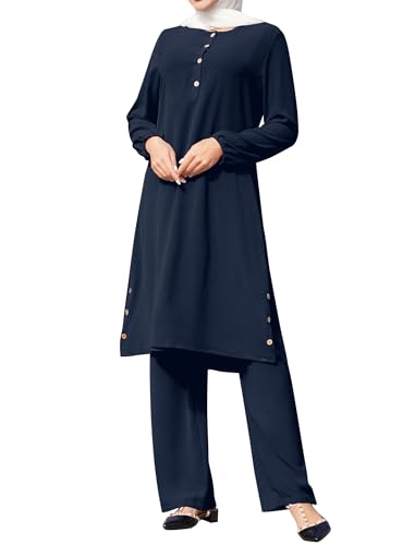Odizli Gebetskleidung für Frauen Abaya Muslim Damen Muslimische Islamische Langarm Lose Lang Top + Hose Zweiteiler 2 Teiler Loungewear Set Gebetskleid Namaz Elbisesi Ramadan Outfit Dunkelblau XL von Odizli