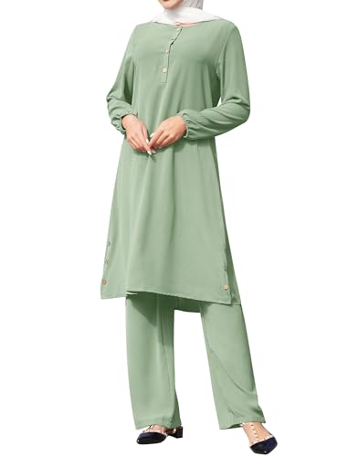 Odizli Gebetskleidung für Frauen Abaya Muslim Damen Muslimische Islamische Langarm Lose Lang Top + Hose Zweiteiler 2 Teiler Loungewear Set Gebetskleid Namaz Elbisesi Ramadan Outfit Hellgrün XL von Odizli