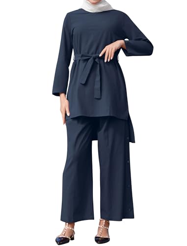 Odizli Gebetskleidung für Frauen Abaya Muslim Damen Muslimische Islamische Langarm Lose Lang Top + Hose Zweiteiler 2 Teiler Loungewear Set Gebetskleid Namaz Elbisesi Ramadan Outfit Marineblau S von Odizli