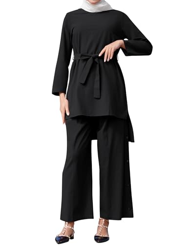 Odizli Gebetskleidung für Frauen Abaya Muslim Damen Muslimische Islamische Langarm Lose Lang Top + Hose Zweiteiler 2 Teiler Loungewear Set Gebetskleid Namaz Elbisesi Ramadan Outfit Schwarz L von Odizli