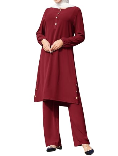 Odizli Gebetskleidung für Frauen Abaya Muslim Damen Muslimische Islamische Langarm Lose Lang Top + Hose Zweiteiler 2 Teiler Loungewear Set Gebetskleid Namaz Elbisesi Ramadan Outfit Weinrot XL von Odizli