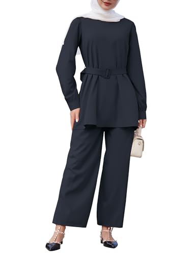 Odizli Gebetskleidung für Frauen Abaya Muslim Damen Muslimische Islamische Langarm Top + Weites Bein Hose + Gürtel 3 Teiler Loungewear Set Gebetskleid Namaz Elbisesi Ramadan Outfit Dunkelblau 2XL von Odizli