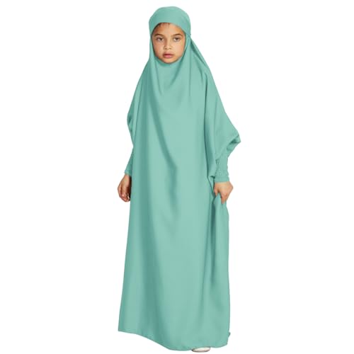 Odizli Gebetskleidung für Kinder Mädchen Abaya Muslim Islam Muslimische Kleid mit Kapuze Langarm Arabisch Türkische Robe Hijab Jilbab Khimar Kaftan Ramadan Burka Lang Gebetskleid Hellgrün 11-12 Jahre von Odizli