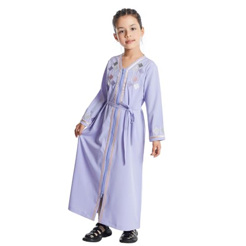 Odizli Gebetskleidung für Kinder Mädchen Abaya Muslim Islam Muslimische Kleider Langarm Arabisch Türkische Stickerei Robe Hijab Jilbab Khimar Kaftan Ramadan Burka Lang Gebetskleid Lila-B 6-7 Jahre von Odizli