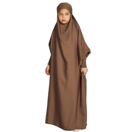 Odizli Gebetskleidung für Kinder Mädchen Abaya Muslim Islam Muslimische Kleider mit Kapuze Langarm Arabisch Türkische Robe Hijab Jilbab Khimar Kaftan Ramadan Burka Lang Gebetskleid Braun 8-9 Jahre von Odizli