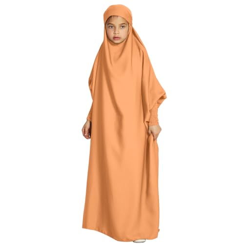 Odizli Gebetskleidung für Kinder Mädchen Abaya Muslim Islam Muslimische Kleider mit Kapuze Langarm Arabisch Türkische Robe Hijab Jilbab Khimar Kaftan Ramadan Burka Lang Gebetskleid Orange 11-12 Jahre von Odizli