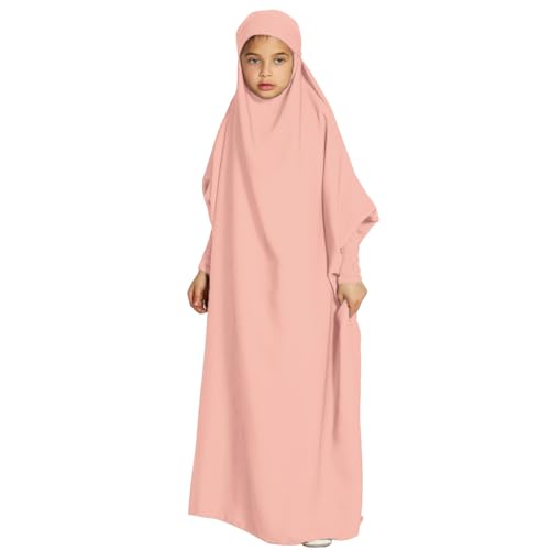 Odizli Gebetskleidung für Kinder Mädchen Abaya Muslim Islam Muslimische Kleider mit Kapuze Langarm Arabisch Türkische Robe Hijab Jilbab Khimar Kaftan Ramadan Burka Lang Gebetskleid Rosa 6-7 Jahre von Odizli