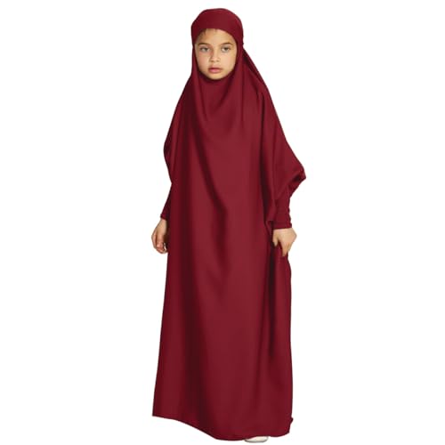 Odizli Gebetskleidung für Kinder Mädchen Abaya Muslim Islam Muslimische Kleider mit Kapuze Langarm Arabisch Türkische Robe Hijab Jilbab Khimar Kaftan Ramadan Burka Lang Gebetskleid Weinrot 12-13 Jahre von Odizli