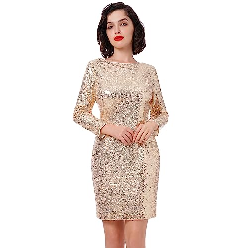 Odizli Glitzer Kleid Damen 3/4 Langarm Pailletten Kurz Bodycon Minikleid Frauen Etuikleid Business Hochzeit Hochzeitsgäste Festliche Silvester Party Coctailkleid Abendkleid Ballkleid Golden L von Odizli