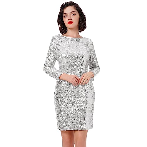 Odizli Glitzer Kleid Damen 3/4 Langarm Pailletten Kurz Bodycon Minikleid Frauen Etuikleid Business Hochzeit Hochzeitsgäste Festliche Silvester Party Coctailkleid Abendkleid Ballkleid Silber M von Odizli