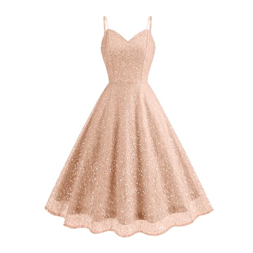 Odizli Glitzerkleid Damen Pailettenkleid Sexy Glitzer Pailletten Spaghettiträger Swing Partykleid Rockabilly 50er Jahre Vintage Cocktailkleid Festliche Party Kurz Ballkleid Abendkleid Champagner L von Odizli